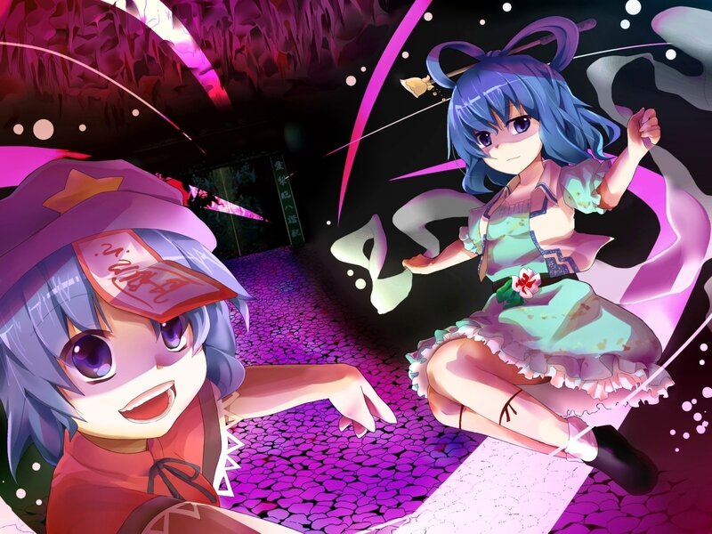 Two anime girls in a purple cave