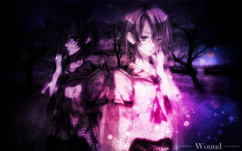 Two anime girls in a purple forest