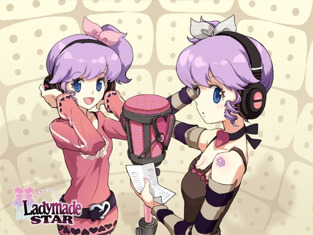 Two anime girls in a recording studio