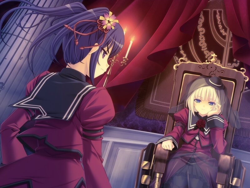 Two Anime Girls in a Room — Purple, Dramatic, Night