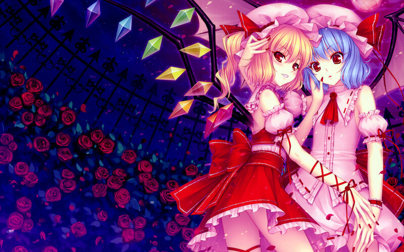 Two anime girls in a rose garden