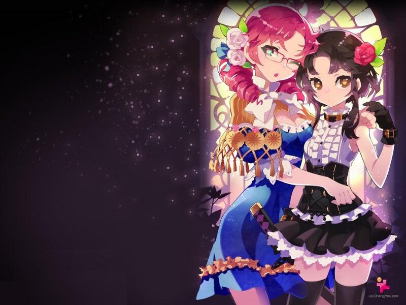 Two anime girls in a stained glass window