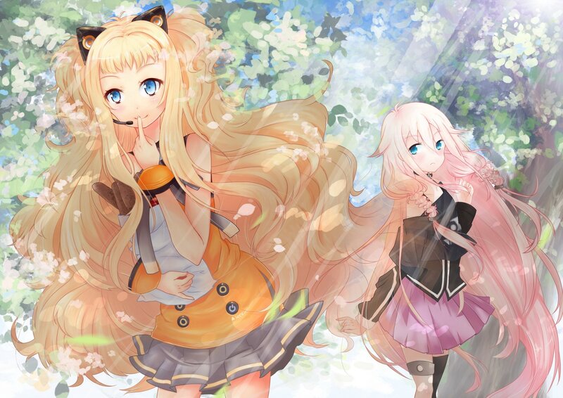 Two anime girls in a sunny forest