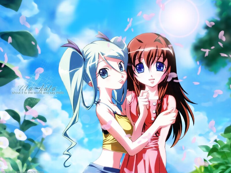 Two anime girls in a sunny garden