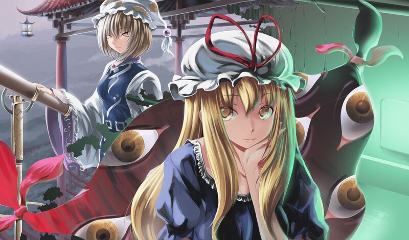 Two Anime Girls in a Temple — Blue, Dramatic
