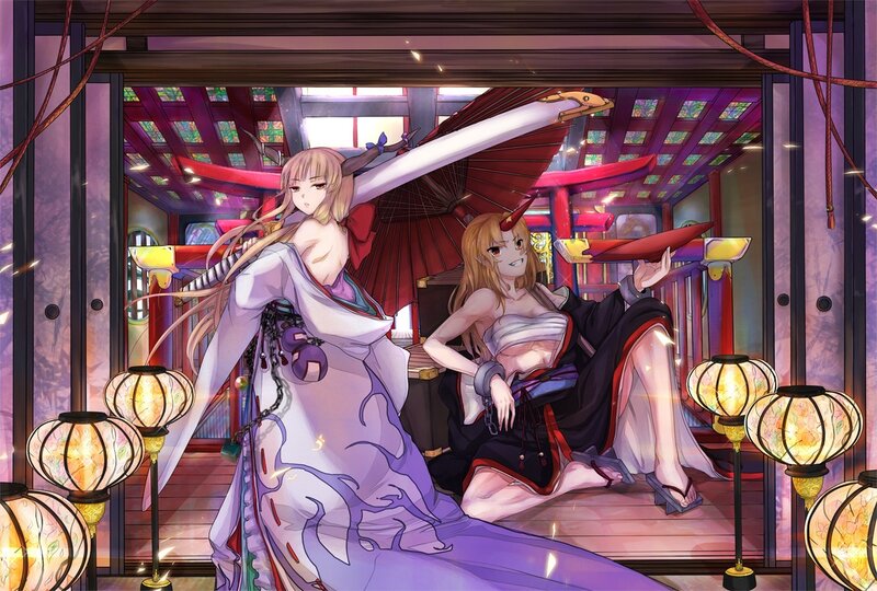 Two anime girls in a temple