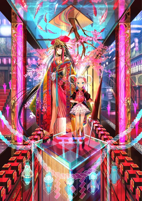 Two anime girls in a vibrant temple