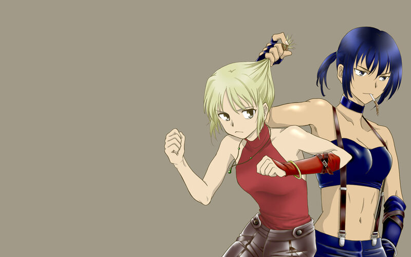 two anime girls in action