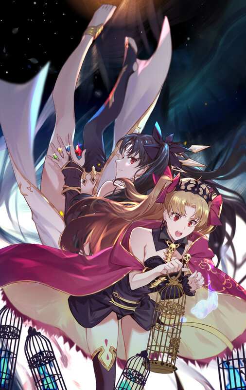 Two Anime Girls in Action — Black, Dramatic, Night