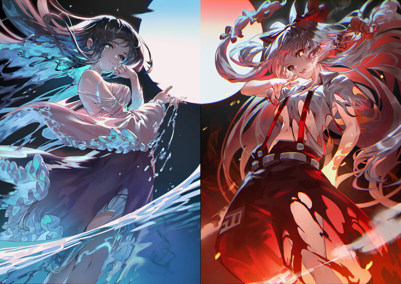 Two Anime Girls in Action — Blue, Dramatic, Digital Art