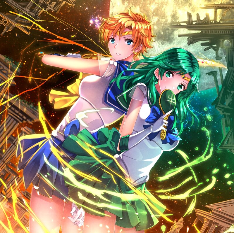Two Anime Girls in Action — Green, Dramatic