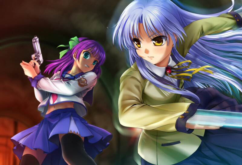 Two Anime Girls in Action — Purple, Dramatic, Gun