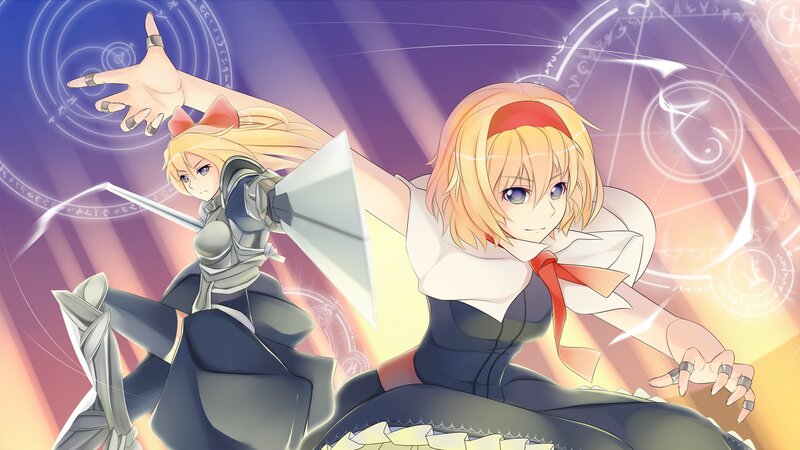 Two Anime Girls in Action — Purple, Dramatic, Magic Circles