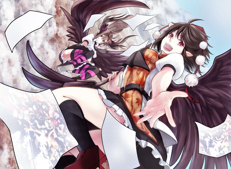 Two Anime Girls in Action — Purple, Dramatic, Wings