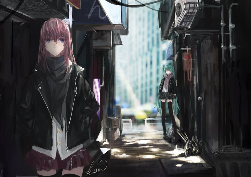 Two Anime Girls in Alley — Black, Dramatic