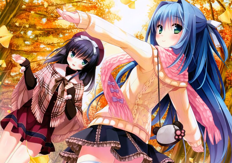 Two Anime Girls in Autumn — Blue, Cheerful, Fallen Leaves