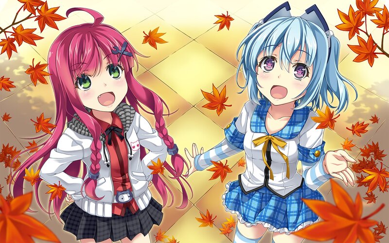 Two Anime Girls in Autumn — Orange, Playful, Fallen Leaves