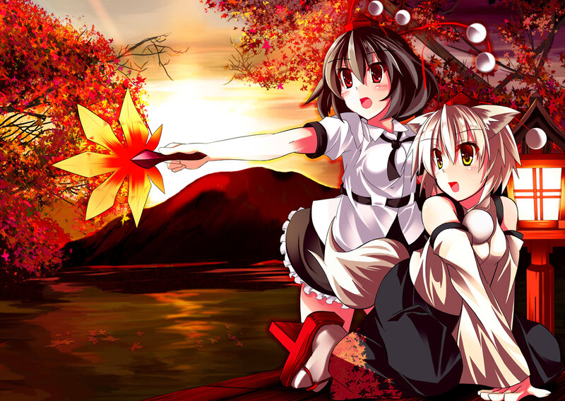 Two Anime Girls in Autumn — Red, Dramatic