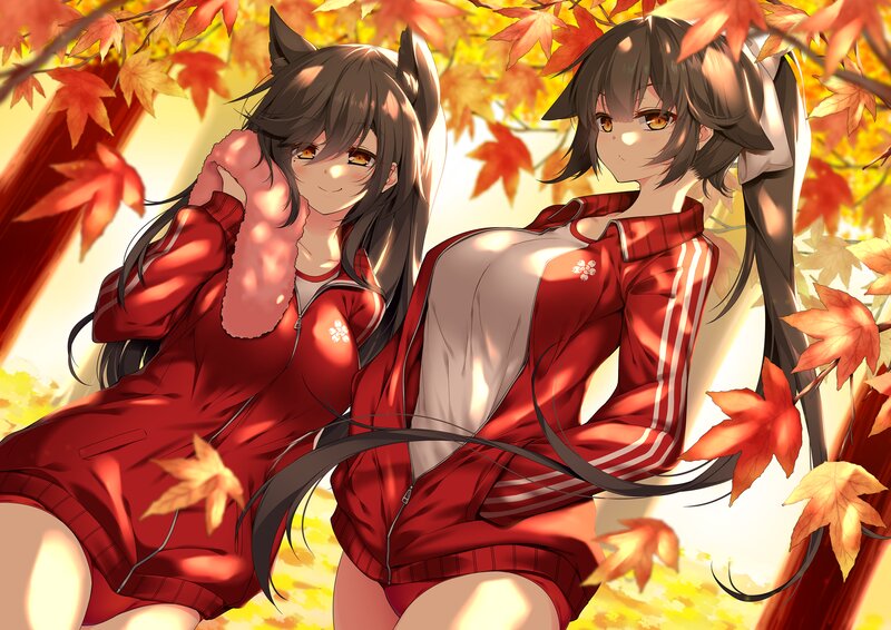 Two Anime Girls in Autumn — Red, Serene, Red Maple Leaves