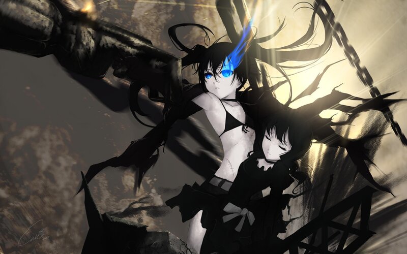 Two Anime Girls in Battle — Black, Dramatic, Intense