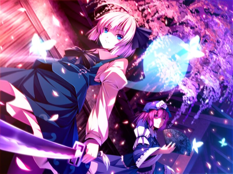 Two Anime Girls in Battle — Purple, Dramatic, Night, Sakura Trees