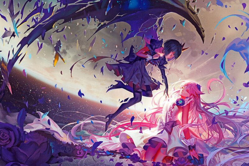 Two Anime Girls in Battle — Purple, Dramatic, Night