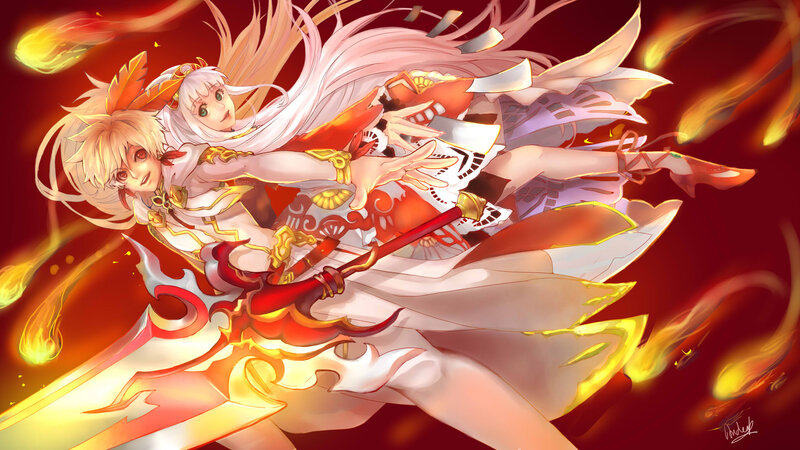 Two Anime Girls in Battle — Red, Dramatic