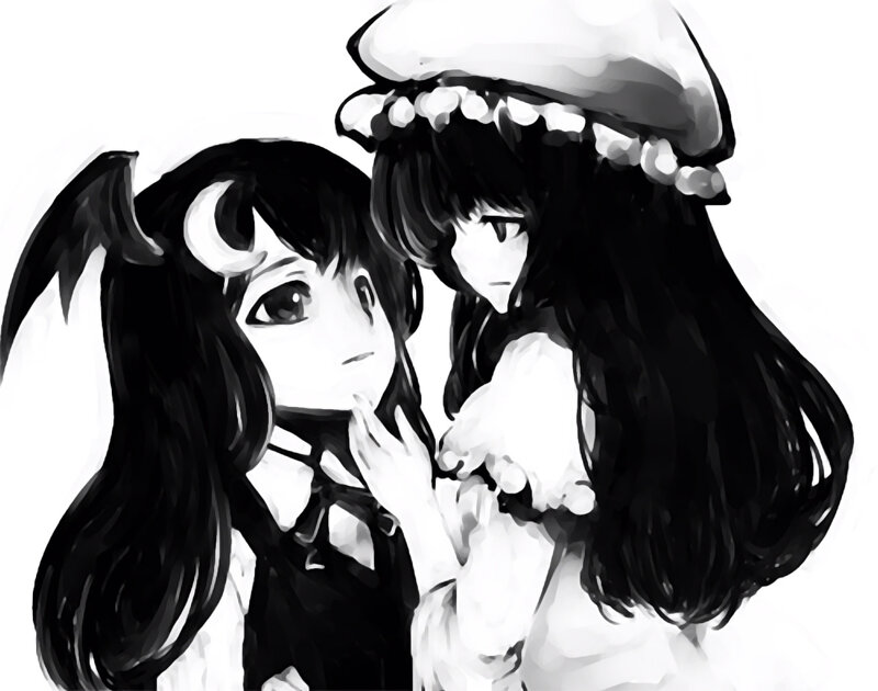 Two anime girls in black and white