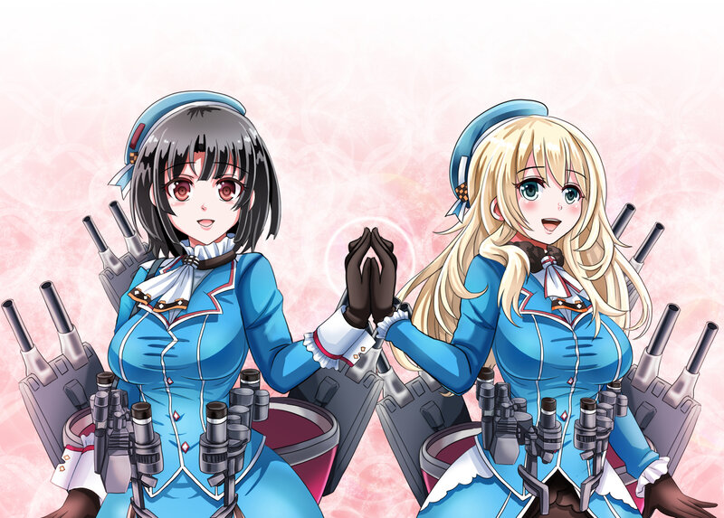 Two anime girls in blue uniforms