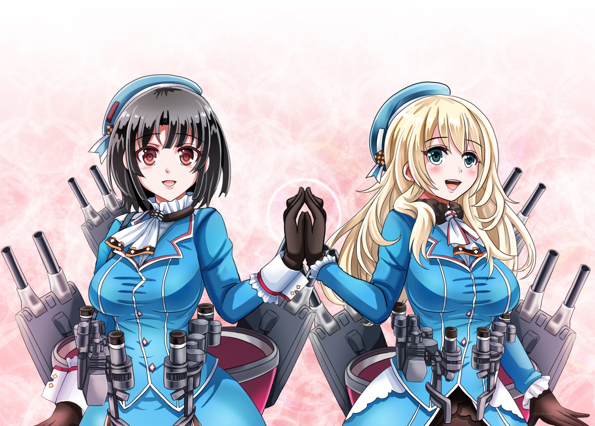 Two anime girls in blue uniforms