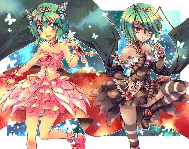 two anime girls in butterfly costumes
