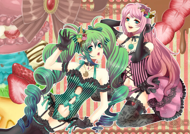 Two anime girls in candy-themed outfits