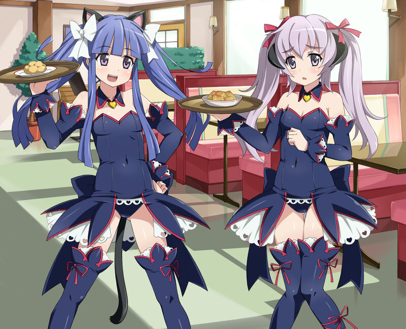 Two anime girls in cat-themed outfits