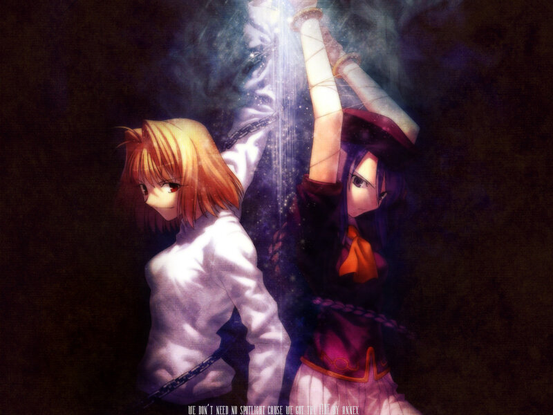 Two Anime Girls in Chains — Purple, Dramatic, Light Beam