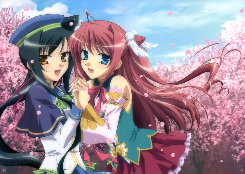 Two Anime Girls in Cherry Blossoms — Pink, Cheerful, Spring, Cherry Blossoms, Sakura