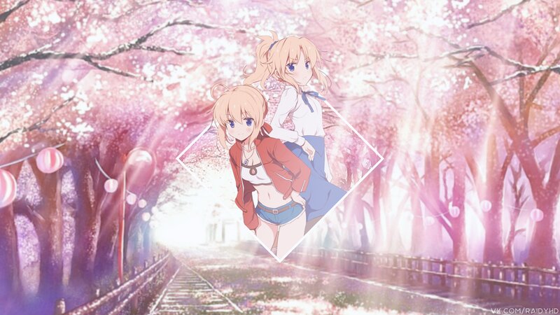Two Anime Girls in Cherry Blossoms — Pink, Serene, Spring, Cherry Blossoms, Train Tracks