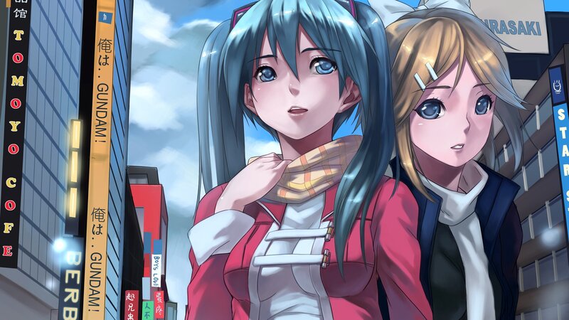 two anime girls in city