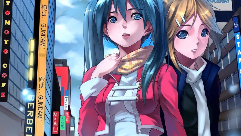 Two Anime Girls in City — Blue, Dramatic, Afternoon