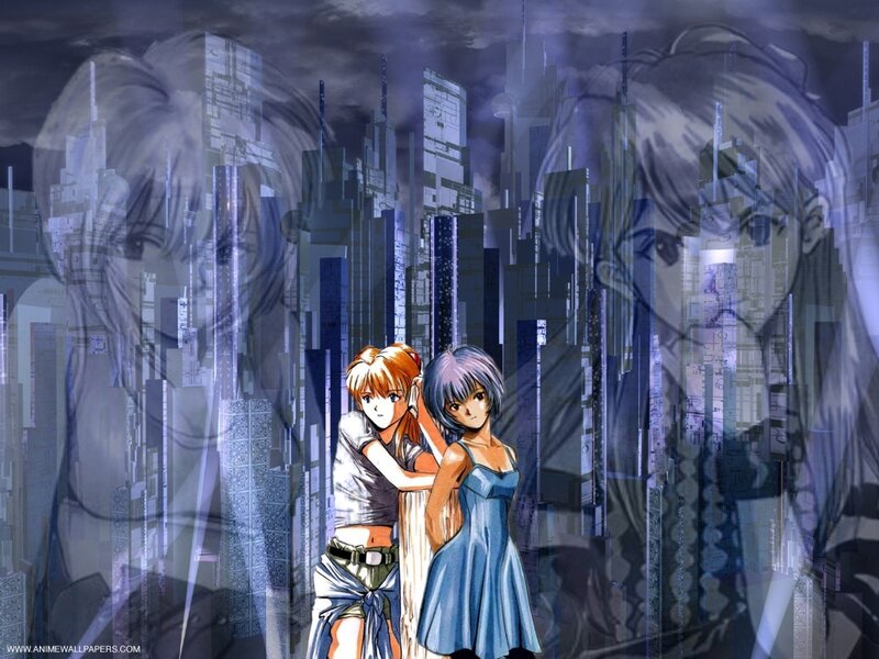 Two Anime Girls in City — Blue, Dramatic, Night, Cityscape