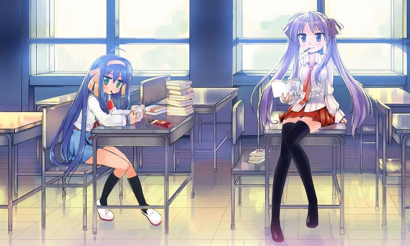 Two Anime Girls in Classroom — Purple, Calm, Afternoon