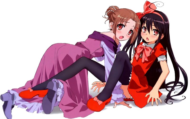 Two anime girls in colorful dresses