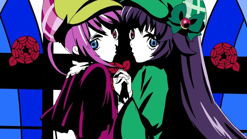 two anime girls in colorful hats