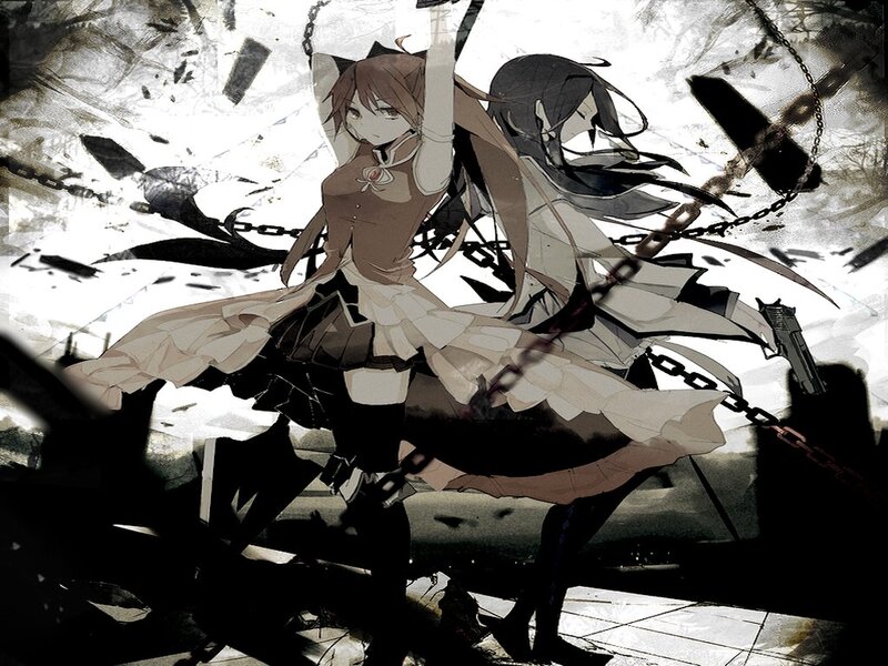 Two Anime Girls in Combat — Black, Dramatic, Chains