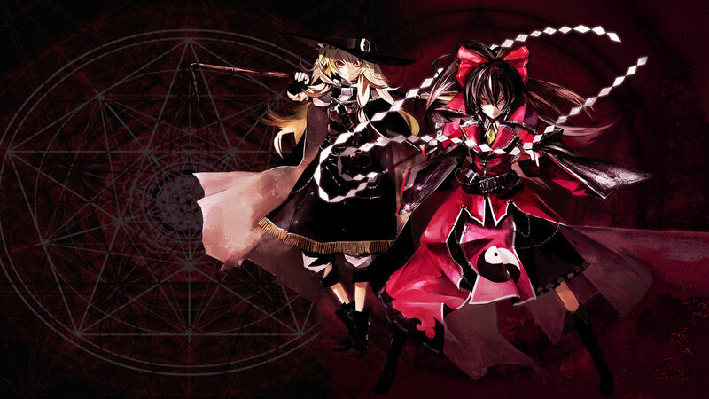Two Anime Girls in Combat — Black, Dramatic, Night, Magic Circle