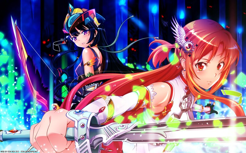 Two Anime Girls in Combat — Blue, Dramatic, Night, Swords