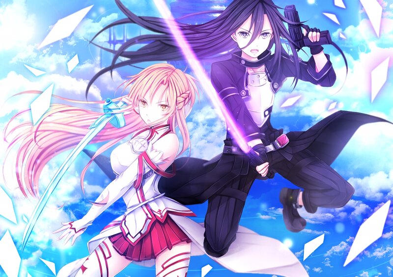 Two Anime Girls in Combat — Blue, Dramatic, Swords