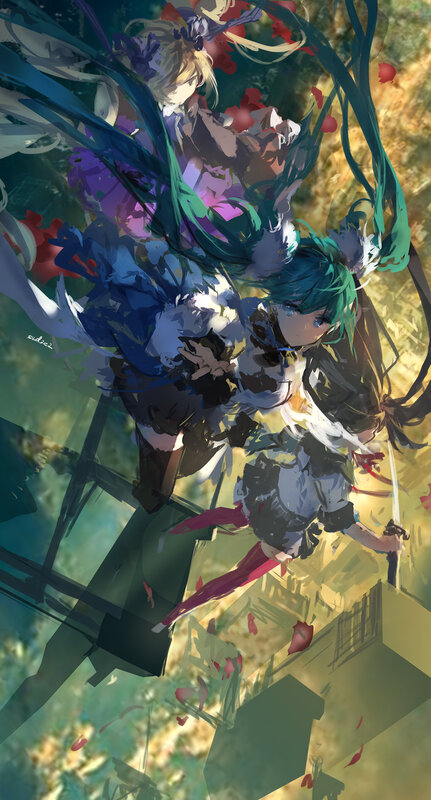Two Anime Girls in Combat — Green, Dramatic, Afternoon