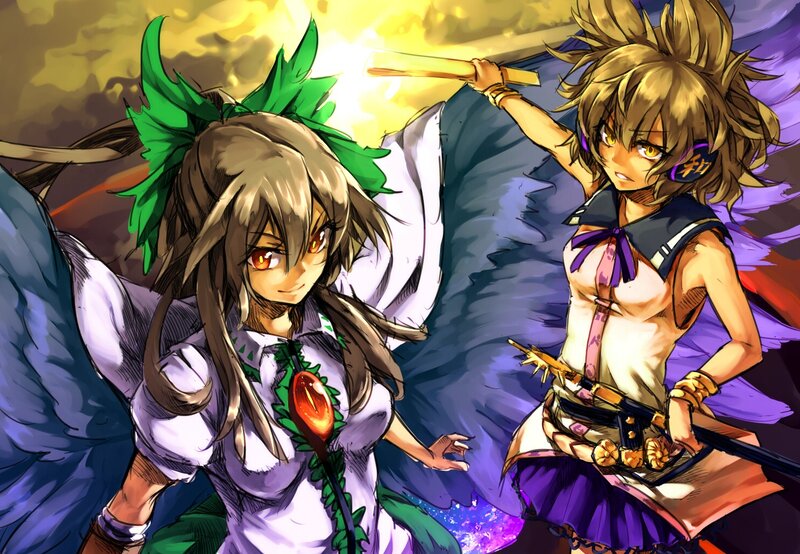 Two Anime Girls in Combat — Purple, Dramatic, Swords, Wings