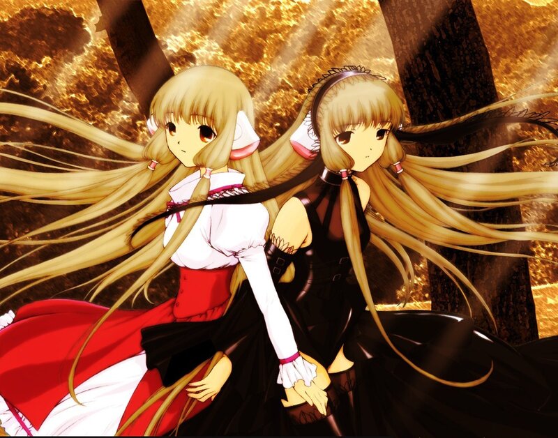 two anime girls in contrasting dresses