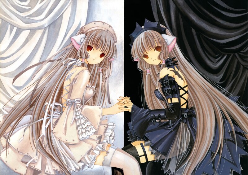 Two anime girls in contrasting outfits